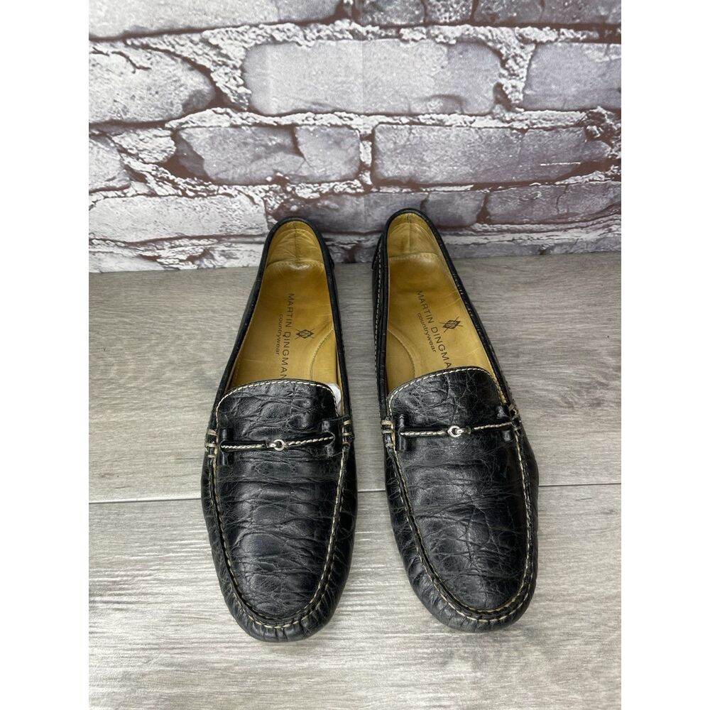 Martin Dingman Croc Embossed Black Leather Loafers Moccasins Women Sz 8M US/38.5